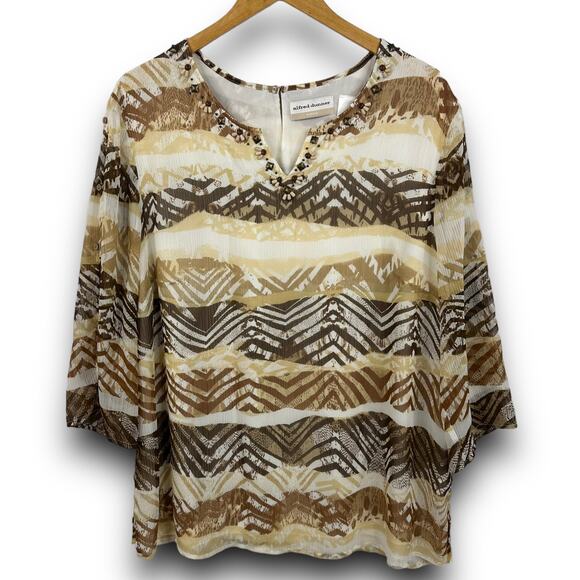 Alfred Dunner Brown Tan Blouse Top Notched Vneck Shirt 3/4 Sleeves Size 16W - Picture 1 of 6